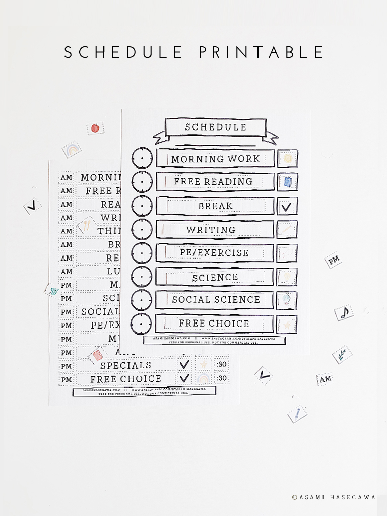 Free schedule printable for homeschooling with illustrations rock paper scissors